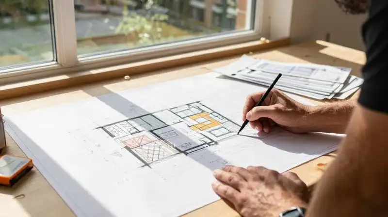 Whimsical craftsman reviews blueprints in a sunlit construction conservatory