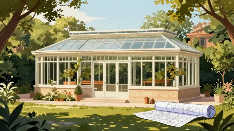 Architectural plans rest among lush gardens bathed in dappled gold