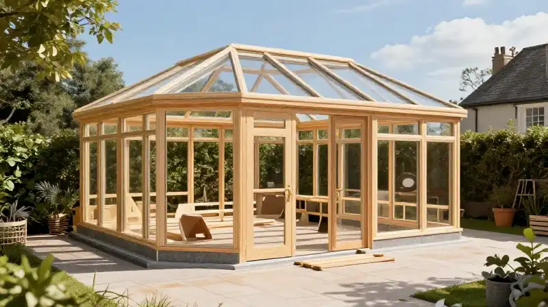 A bright sun illuminates a detailed modular DIY conservatory structure