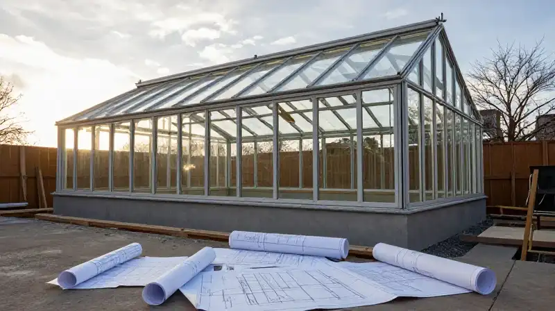 Late afternoon sun illuminates the steel framework and scattered blueprints