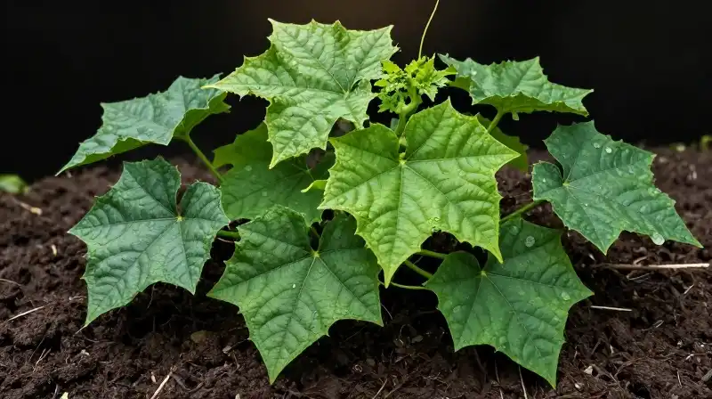 Vibrant green cucumber foliage thrives in dark soil, intensely backlit