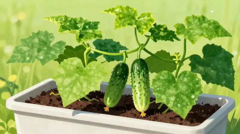 A vibrant, lush green cucumber plant flourishes in a sunlit garden pot