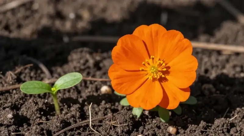 A vibrant orange flower blooms among soil and small seedlings in dappled sunlight
