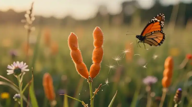A butterfly rests on orange pods in a glowing wildflower meadow