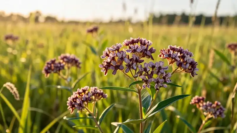 Golden light bathes vibrant meadow plants and seed pods
