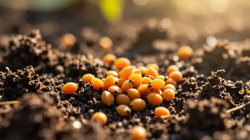 Bright orange seeds nestled in moist soil under golden sunlight