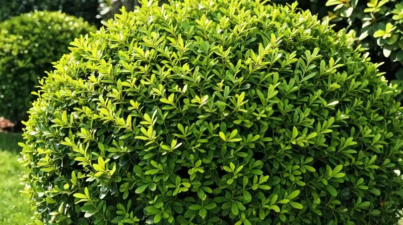 A lush, green manicured hedge bathed in bright, volumetric sunlight