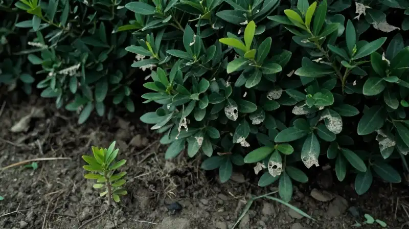 Lush green boxwood leaves thrive amidst stark, arid ground