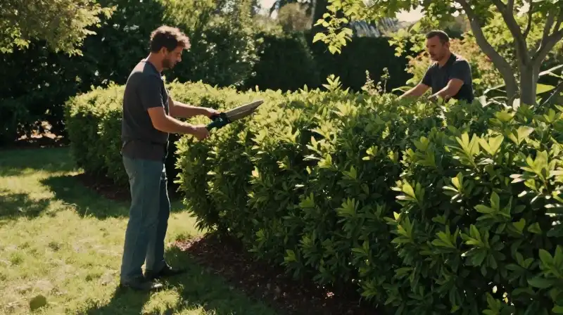 A gardener trims green bushes beneath dappled sunlight