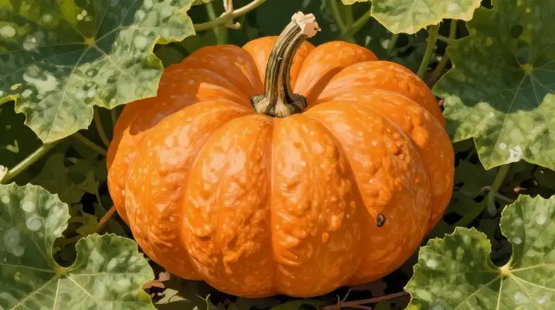 Orange squash grows on green vines bathed in dappled sunlight