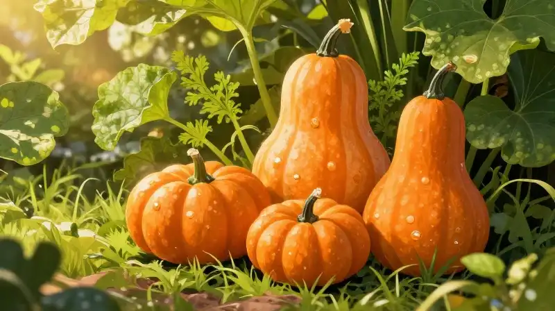 A glowing orange squash amidst vibrant green garden foliage