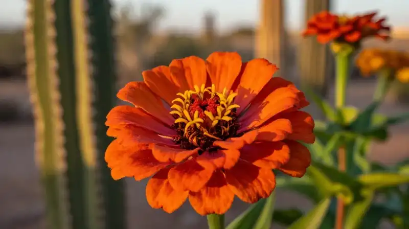 Vibrant zinnia blooms glow in the arid golden desert light