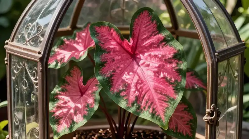 Vibrant magenta caladium thrives inside ornate glass terrarium