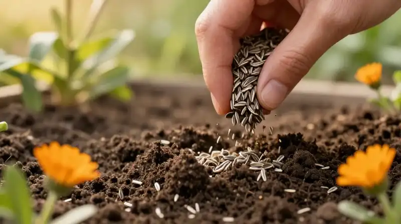 Warm hands gently sift rich, dark soil over tiny calendula seeds