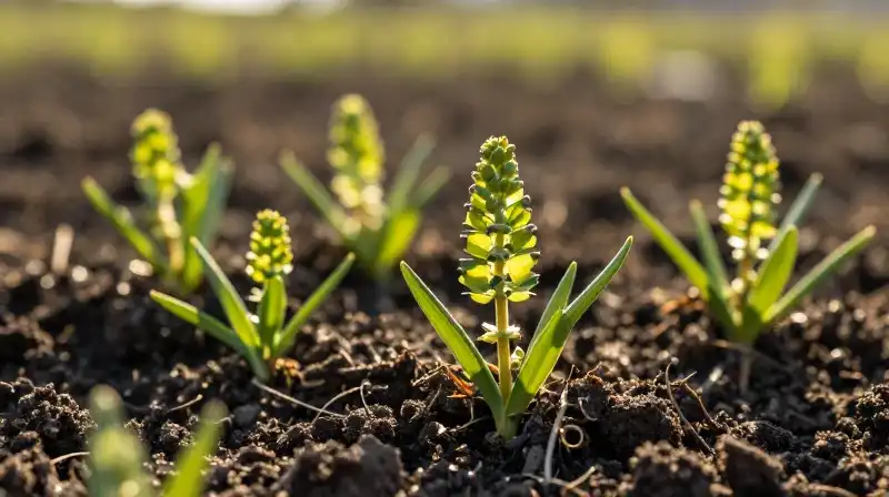 Warm sunlight illuminates vibrant green buckwheat sprouts in rich soil