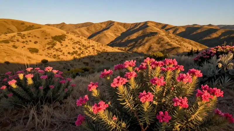 Vibrant pink buckwheat blooms across sun-drenched chaparral hills