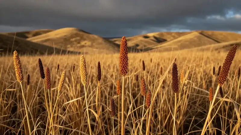 Buckwheat contrasts with dry golden coastal hills under dramatic light