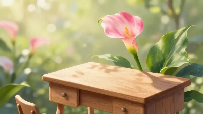 A delicate pink calla lily sits on a rustic desk, bathed in warm sunlight