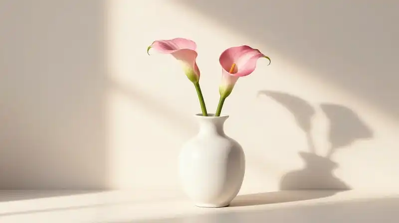 Pink calla lilies glow elegantly in bright, golden sunlight