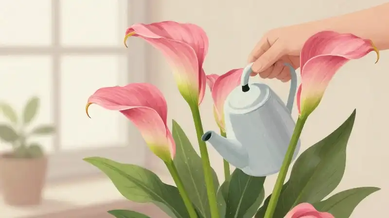 Pink calla lilies are gently watered inside a cozy indoor terrarium