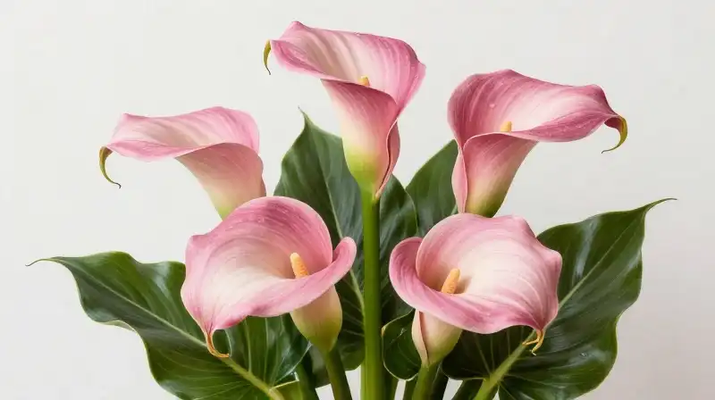 Soft pink calla lilies surround vibrant green foliage