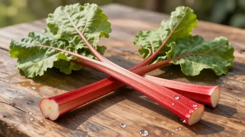 Glistening red rhubarb sits on a rustic wooden table in soft sunlight