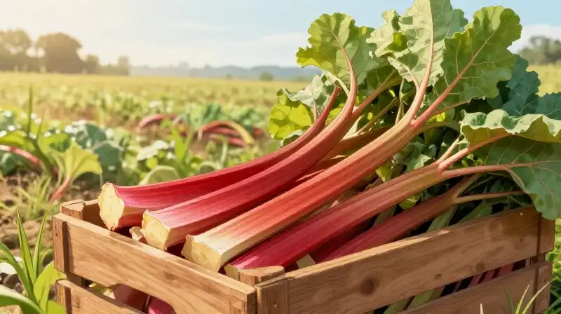 Vibrant red rhubarb fills wooden crates in a sunny morning field