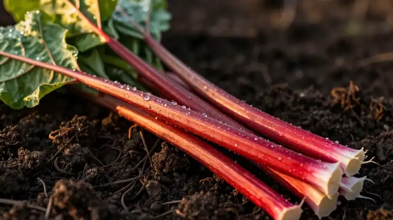 Crimson rhubarb stalks glow in rich, dark, dew-kissed soil
