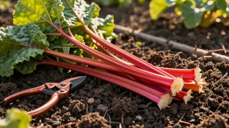 Vibrant red rhubarb and copper shears in a golden, sunlit garden