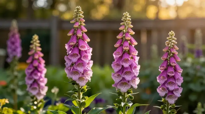 Pink foxgloves cascade under a dramatic golden garden light
