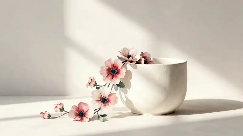 Watercolor flowers cascade from an organic ceramic container under soft light