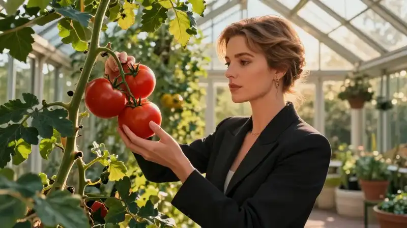 Golden hour illuminates a celebrity tending lush, ripe tomatoes