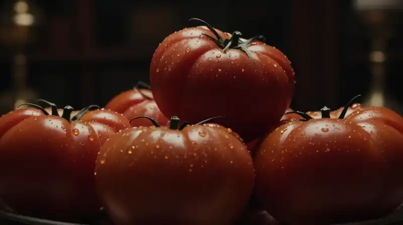 Rich tomatoes frame a glamorous figure in a dark, opulent room