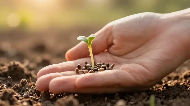 Golden light warms a hand gently tending to sprouting chamomile seeds
