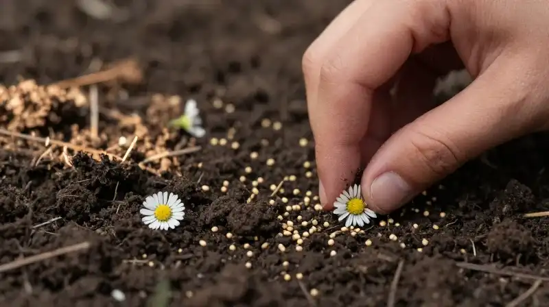 A hand gently presses soil scattered with delicate chamomile seeds