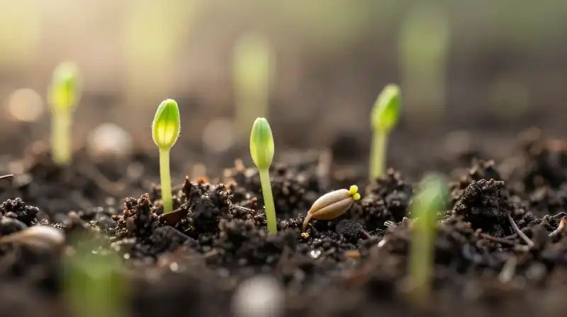 Green sprouts emerge from dark soil bathed in soft morning light