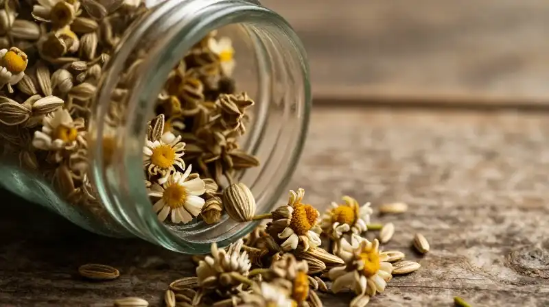 Golden sunlight glows around a rustic jar of chamomile