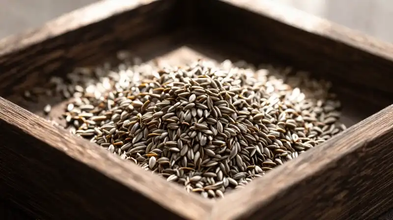 Golden chamomile seeds are artfully scattered across a weathered wood tray in soft morning light