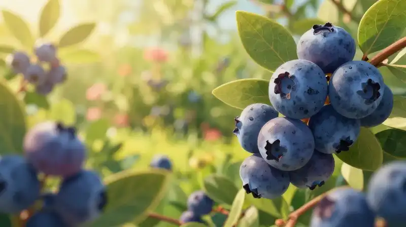 Warm sunlight illuminates ripe blueberries in a lush, vibrant garden
