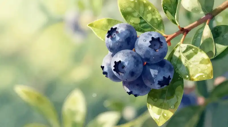 Soft watercolor blueberries glow in a lush, sunlit garden