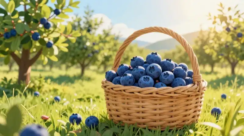Vibrant blueberries overflow a basket in a sun-drenched orchard