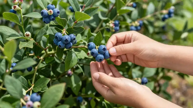 A pair of gentle hands tend to lush blueberry bushes bathed in dappled sunlight