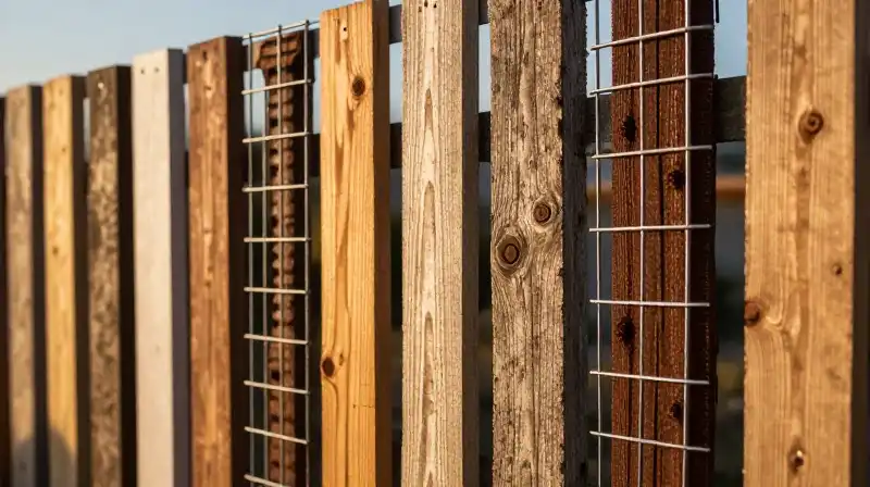 Detailed rustic fence parts bathed in warm, golden hour glow
