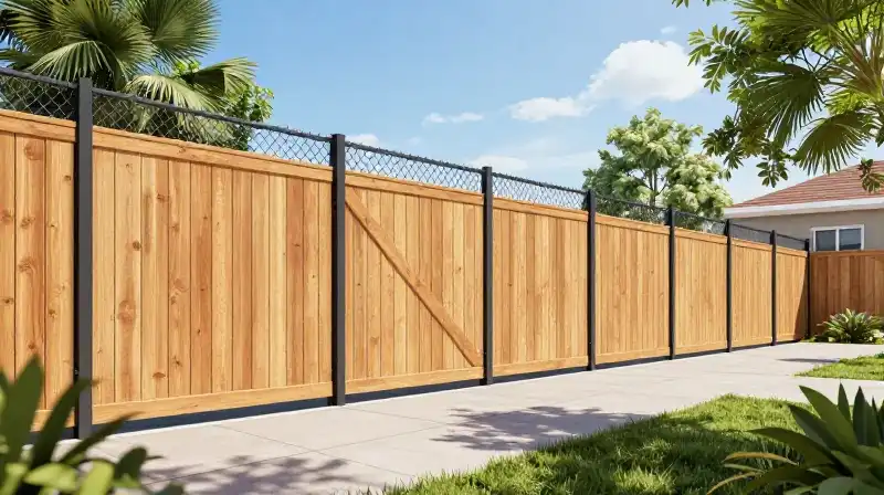 Rustic wooden and modern chain link fences bathe the sunny backyard