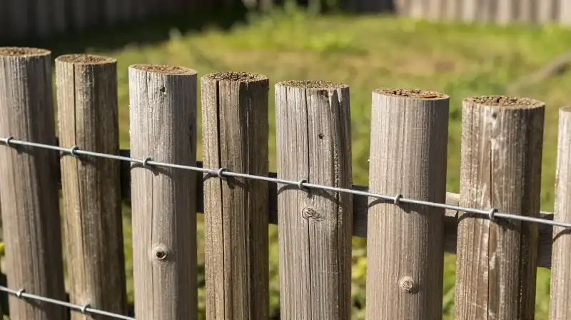 Rustic wire fencing and stacked wooden posts bathed in bright summer sun
