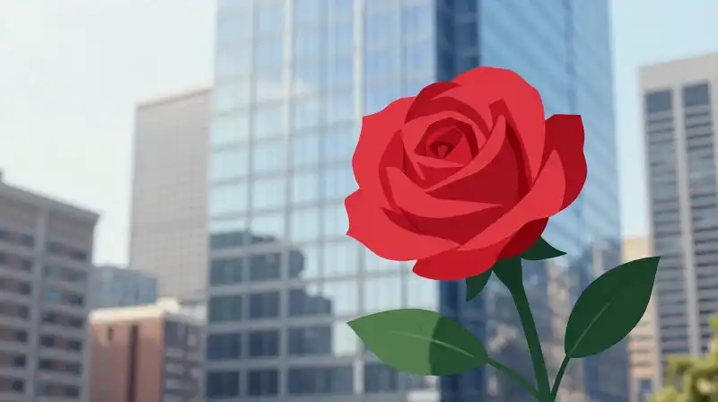 Vibrant peace rose stands against a modern Chicago skyline bathed in diffused sunlight