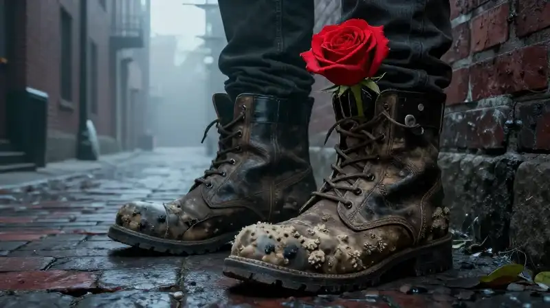 Vibrant rose from fungal boots in a foggy brick alley