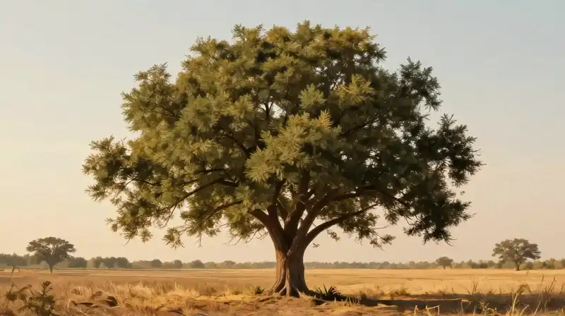 A robust elm stands powerfully in a dry, golden landscape