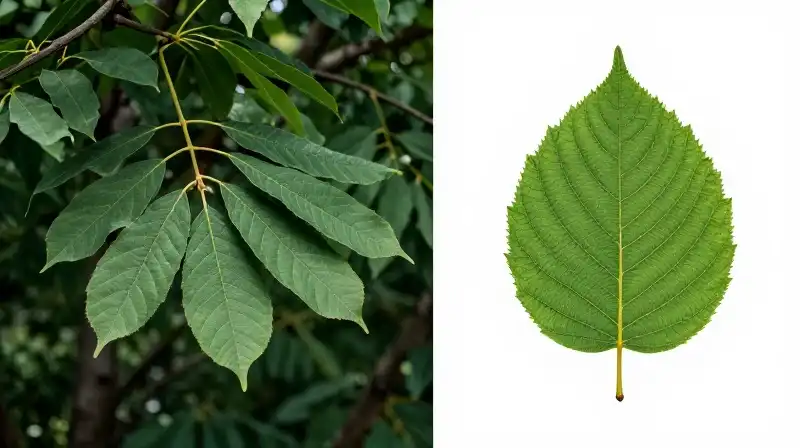 Detailed Chinese elm leaves studied in a dramatic academic garden