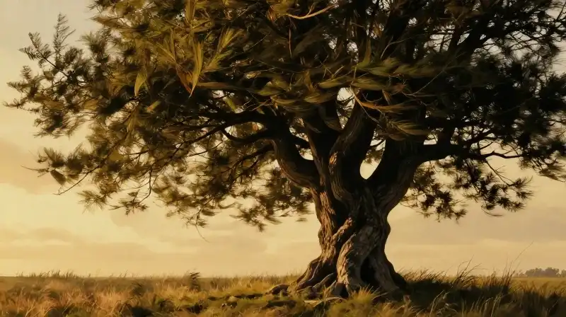 Gnarled elm sways fiercely under dramatic golden light